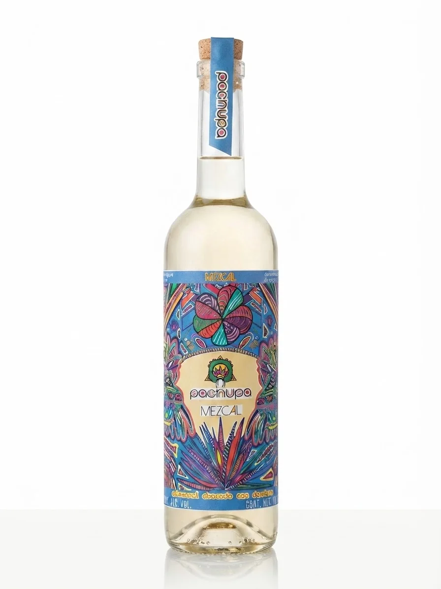 Botella de Mezcal Damiana Pachupa, fotografía de producto sobre fondo blanco