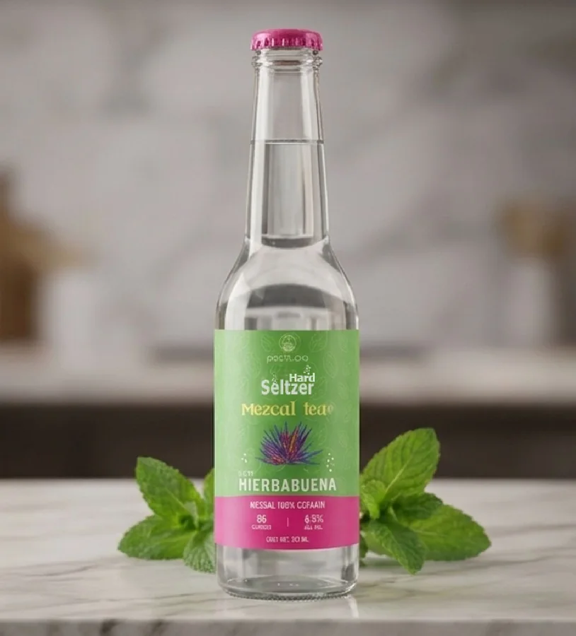 Botella de vidrio de Mezcal Tea sabor Hierbabuena Pachupa